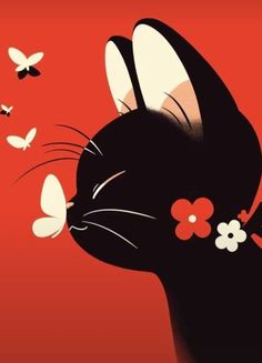 a black cat with flowers and butterflies on its neck looking up at the sky in front of red background