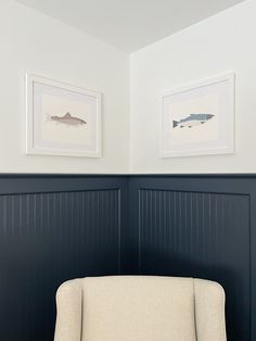 two framed fish prints hang on the wall above a chair in a room with dark wood paneling