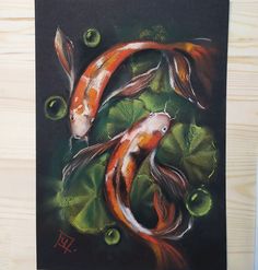 a painting of two orange and white koi fish