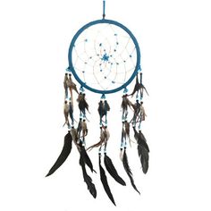 a blue and white dream catcher with feathers hanging from it's side, on a white background