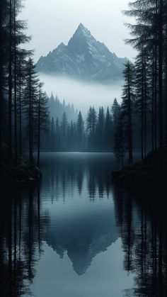 a mountain is in the distance with trees around it and fog hanging over the water