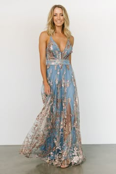 Lucienne Shimmer Maxi Gown | Blue + Rose Gold - Baltic Born Cocktail Jumpsuit, Light Blue Roses, Gown Blue, Tulle Material, Mother Of Bride Dresses, Baltic Born, Maxi Gown, Empire Waistline, Gala Dresses