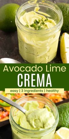 avocado lime creme in a jar with lemon wedges on the side