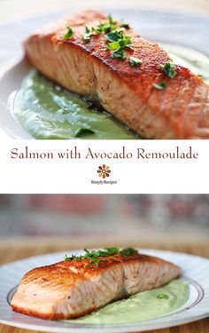 salmon with avocado remoulade on the side and in the middle