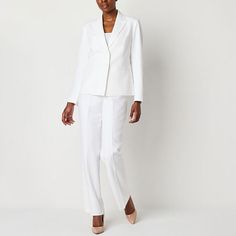 This white women's pant suit set by Le Suit is a timeless classic for your wardrobe. Made from a smooth stretch-crepe, this set features a sleek single-breasted blazer with a notch collar and a front slip pocket, plus a matching pair of straight-leg pants with a flat-front waist and zip closure. Wear the duo with a blouse and heels.# Pieces In Set: 21st Piece Description: Jacket1st Piece Collar: Notch Collar1st Piece Front Style: Single Breasted1st Piece Pockets: 1 Front Slip Pocket(s)1st Piece White Formal Pantsuit For Spring, White Spring Formal Pantsuit, Classic White Sets For Office, Classic White Office Sets, Classic White Pantsuit For Formal Occasions, Classic White Formal Pantsuit, Classic White Sets For Workwear, Classic White Suits For The Office, Tailored White Office Sets