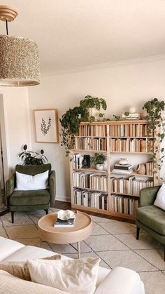 a living room filled with furniture and bookshelves next to a wall mounted book shelf