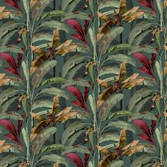 a green and red wallpaper with leaves and flowers on the bottom right hand corner