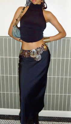 Concho Belt Outfit Aesthetic, Chunky Western Belt, Brunch Looks Black Women, Sade Summer Outfits, The Marias Concert Outfit, Circle Belt Outfit, Brunch Outfit Aesthetic, Cowl Neck Top Outfit, Milan Fits