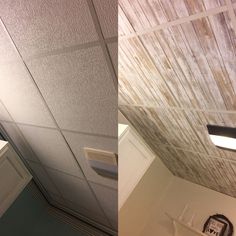 two pictures of the same ceiling in different rooms, one is white and the other is brown