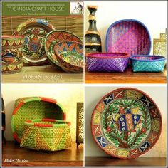 various baskets and bowls are shown on the shelf in different colors, patterns and designs