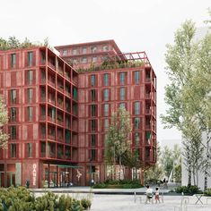 an artist's rendering of a red building in the middle of a park area