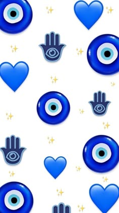 the blue and white wallpaper has many different symbols on it, including an evil eye