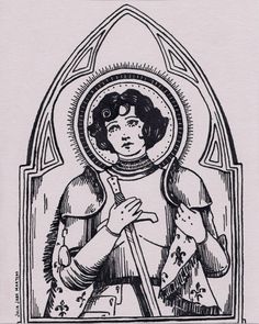 an old black and white drawing of a woman holding a cross