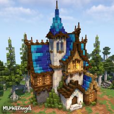 Roofing Minecraft, Big Fantasy House Minecraft, Minecraft Ombre Roof, Minecraft Blue Roof House, Cute Blue Minecraft House, Minecraft Blue Roof, Minecraft Fantasy Roof, Minecraft Houses Roof, Minecraft Roofs Designs