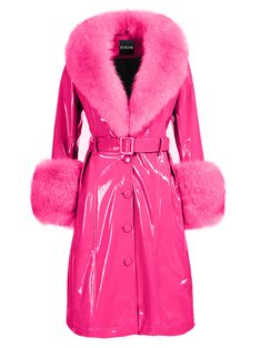 Color: Fuchsia Patent Leather Faux Fur Collar Material: Sheepskin Fully Lined Belt Included Lining: Polyester Single Breasted Sample Size: S Delicate dry clean Protect accessory before washing Made-to-order (MTO) style Please allow additional 3-5 days for MTO order to be processed Style № ZC_NYC23_Patent Leather Coat w/ Fox Fur In Fuchsia Styled with Z' Diamante Detail Over The Knee Boot Pink Fur Coat, Dream Fashion, Outfits Petite, Pink Fur, Current Fashion, 2022 Trends, Color Fuchsia, Plus Size Coats, Wool Blend Jacket