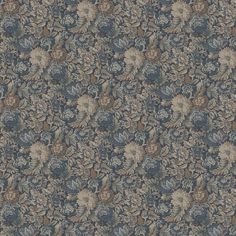 a blue and brown floral wallpaper with many small flowers on the bottom half of it