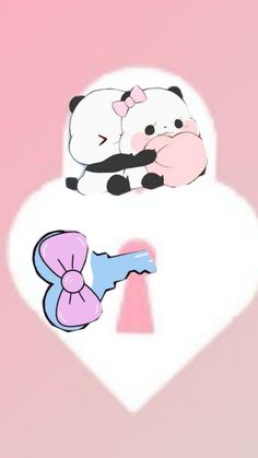 two pandas sitting on top of a heart shaped keyhole with a pink background