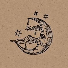 a drawing of a crescent moon with stars around it