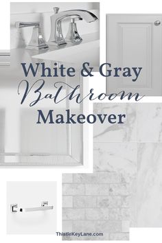 white and gray bathroom makeover with text overlay that reads, white & gray bathroom makeover