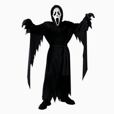 a man dressed in a black ghost costume