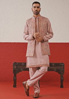 Lilac Embroidered Kurta Set With Jacket Kalpraag - Fabilicious Fashion Pink Saree Matching Suit For Men, Formal Straight Nehru Jacket With Floral Embroidery, Formal Nehru Jacket With Floral Embroidery And Straight Cut, Formal Nehru Jacket With Floral Embroidery And Straight Fit, Silk Nehru Jacket For Eid Reception, Silk Nehru Jacket For Reception During Eid, Festive Silk Nehru Jacket For Reception, Festive Nehru Jacket With Floral Embroidery, Straight Kurta Nehru Jacket With Intricate Embroidery For Reception