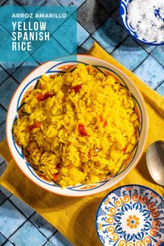 Arroz Amarillo in a bowl on top of a yellow napkin. Arroz Amarillo Recipe, Yellow Spanish Rice, Easy Yellow Rice, Yellow Rice Recipe, Yellow Rice Recipes, Sautéed Onions, Spain Food, Yellow Rice, Spanish Rice