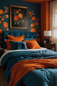 an orange and blue bedroom with flowers on the wall