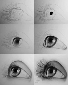 four different views of an eye with long eyelashes