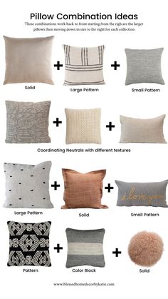 Figuring out what combination of pillows to use can be hard, but we can make it easy! 
Reach out to use at anytime to get advice on the best practices! Here’s a helpful cheat sheet too ❤️
This is just a reference tool have fun with it and mix it up! 🎉 U Couch, Pillow Combinations, Throw Pillows Living Room, Interior Design Guide, Beige Sofa, Living Room Pillows