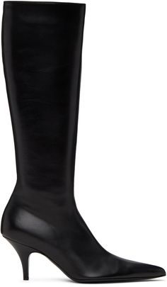 Knee-high polished calfskin boots in black. · Pointed toe · Zip closure at inner-side · Grained leather lining · Covered stiletto heel with rubber injection · Leather sole with rubber injection · H2.75 Supplier color: Black Sleek Fitted Black Knee-high Boots, Sleek Black Knee-high Heeled Boots, Sleek Black Knee-high Boots With Sculpted Heel, Black Knee-high Boots With Reinforced Heel, Luxury Black Knee-high Boots With Sculpted Heel, Black Boots Tall, Boots Knee, Tall Boots, Boot Shoes Women