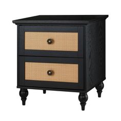 two drawers with wicker handles on each side and black legs, against a white background