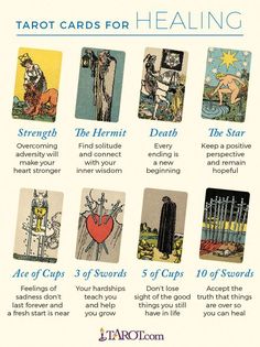 the tarot cards for healing are arranged in different colors and designs, with instructions