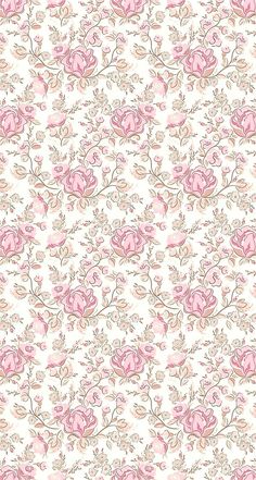 a white and pink floral wallpaper with many flowers on the bottom half of it