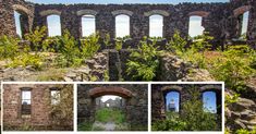 the ruins of an old building are surrounded by greenery and stone archways with windows