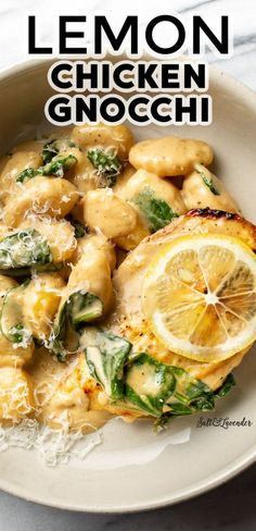 lemon chicken gnocchi with spinach and parmesan cheese in a white bowl