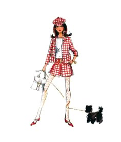 a drawing of a woman with a poodle on a leash and wearing a red plaid coat