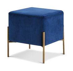 a blue foot stool with wooden legs