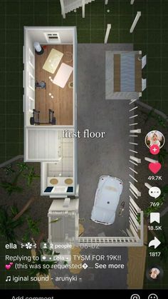 an overhead view of a small house with the floor plan and its contents labeled in red