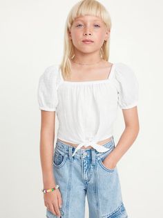 Girls' Back To School Shop | Old Navy Kids Puff, School Time, Tie Knots, Family Photoshoot, Top Knot, Blue Moon, Square Neckline, Puff Sleeves