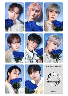 blue roses are arranged in the middle of a collage of six photos, each with an individual's face