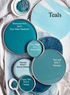 some blue and white paint colors on top of each other with the words teals above them