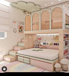 a child's bedroom with pink walls and flooring is decorated in pastel colors