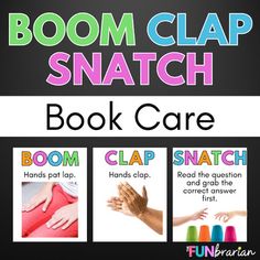 the boom clap snap book care poster is shown with three hands and four different colors