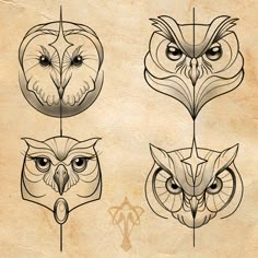 three owls with different shapes and sizes on them, each one has an owl's head