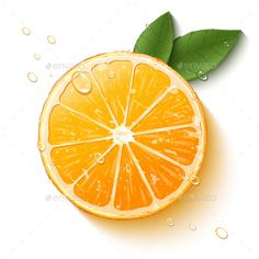 an orange cut in half with leaves and water droplets on the surface - food objects