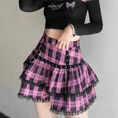 Size: 4XL Gothic Japanese, Harajuku Skirt, Pink Plaid Skirt, Estilo Harajuku, Cake Mini, Harajuku Girls, Tiered Mini Skirt, Japanese Harajuku, Plaid Pleated Skirt