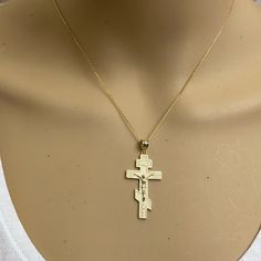 Solid 10k Gold Jesus Christ Russian Orthodox Crucifix Cross Pendant Necklace Item No.: H368 Metal Type: 10k Solid Gold (Also Available In 14k Solid Gold) Metal Color: Yellow Gold. (Also Available In White Gold And Rose Gold) Measurement: Pendant Only Weight: 1.80 Grams Pendant W/Chain Weight: 2.8 - 3.0 Grams (Vary From Length Chain) Pendant Height With Bail: 1.59 In (40.3 Mm) Penda Chain Available In 16", 18", 20", 22" Note: Made In Usa. Please Allow 10-15 Days To Be Shipped. Orthodox Cross Necklace, Russian Cross, Football Necklace, Cross Necklace Sideways, Shine Jewelry, Aesthetic Galaxy, Orthodox Cross, Crucifix Necklace, Christian Necklace