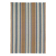 a brown and blue striped rug on a white background