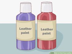 two bottles of leather paint with the words leather painted on them in blue and red