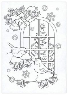 a drawing of two birds in front of a window with snowflakes on it